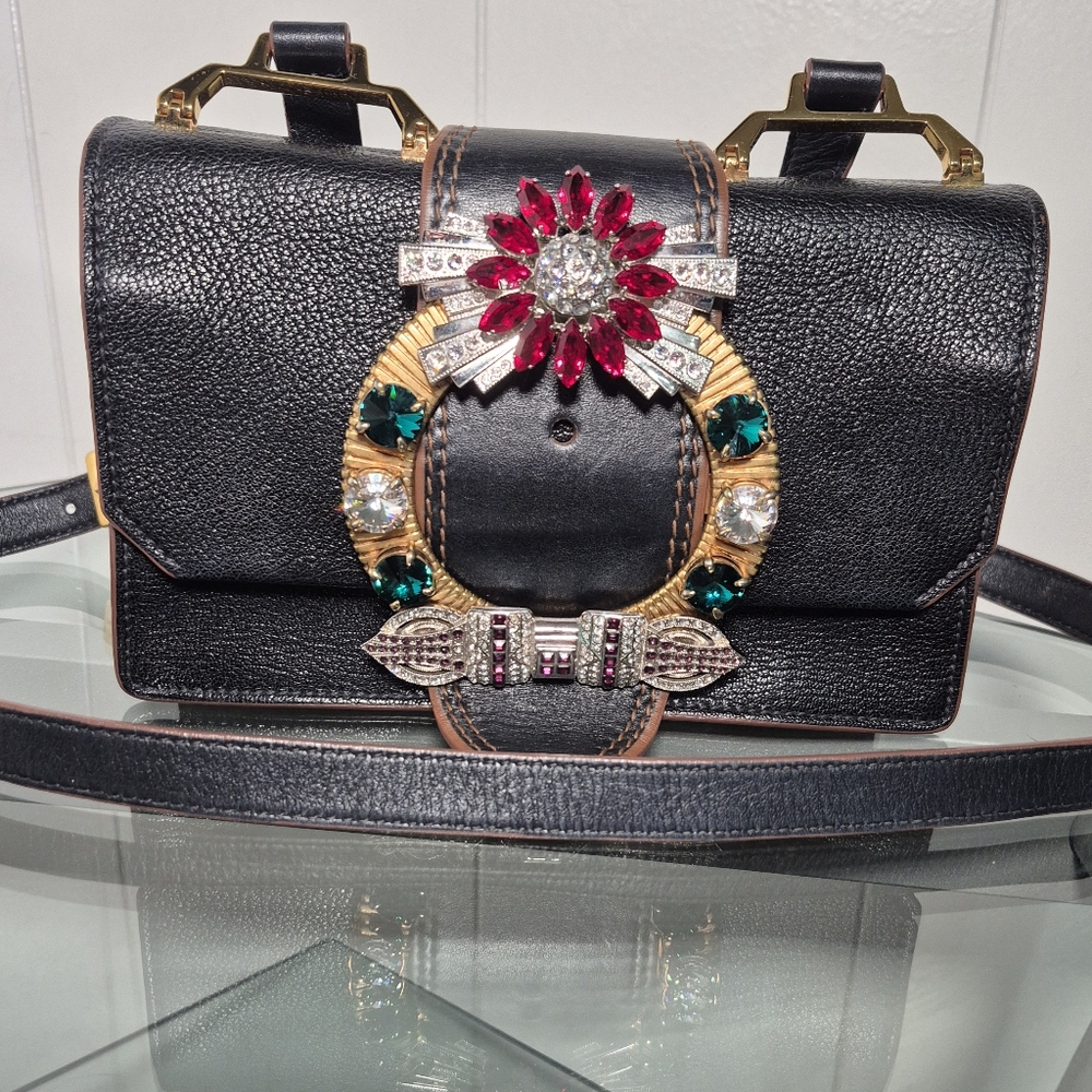 Miumiu Goatskin Madras Soft Calf Crystal Embellished Shoulder Bag Black